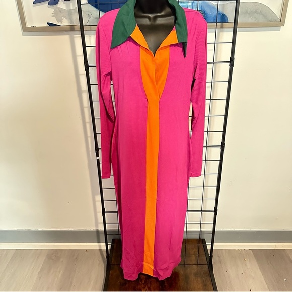 Women’s Plus Size Magenta Long Sleeve Collar Ribbed Maxi Dress - Picture 5 of 10